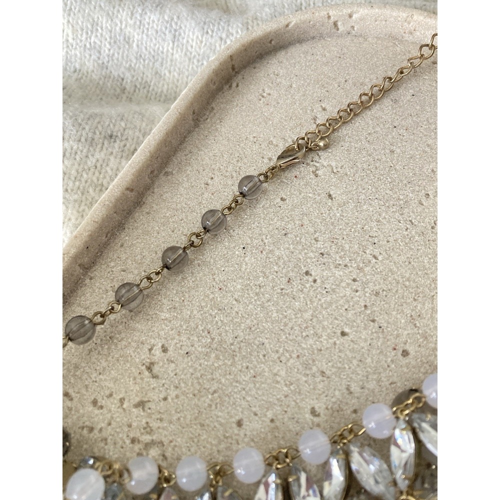 Gold Tone Statement Bib Necklace Rhinestone White Faux Opal Bead Dangle Collar - Picture 7 of 8